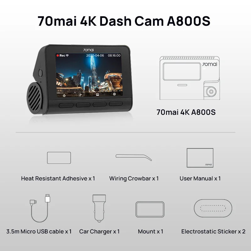 4K Dash Cam A800S Built-In GPS ADAS 140°FOV Camera Car DVR 24H Parking Monitor Front Cam Only, Support Rear Cam