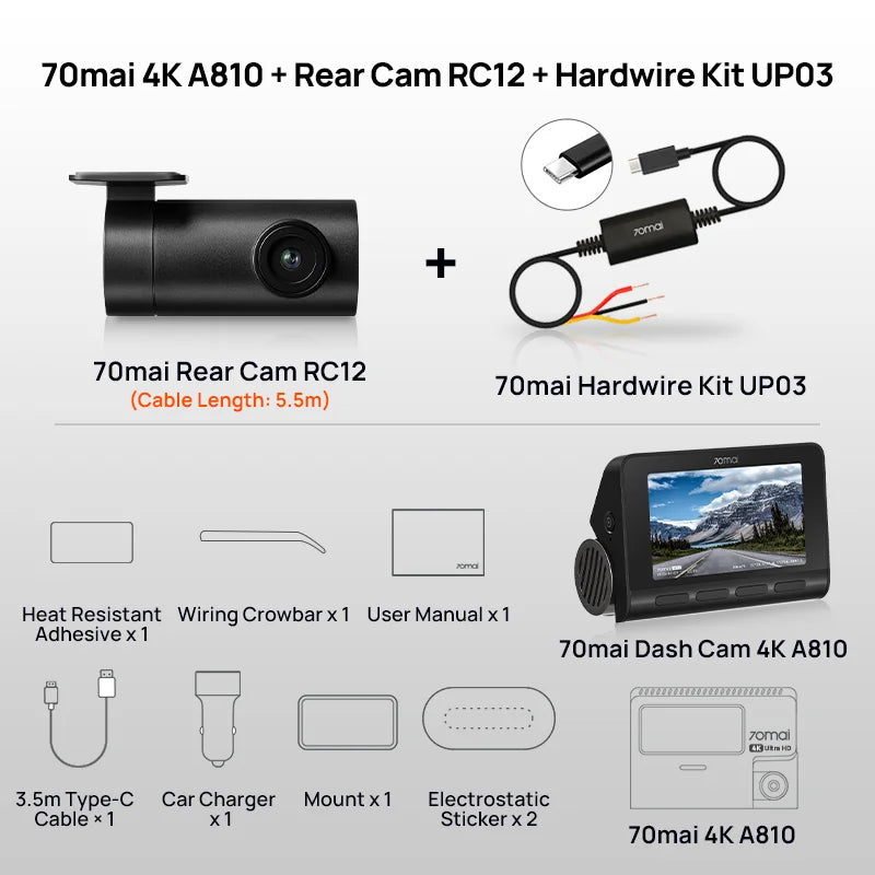 Dash Cam A810 UHD 4K 150FOV GPS ADAS 24H Parking 4G Connectivity Car DVR  4G A810 HDR Dual-Channel Route Tracking
