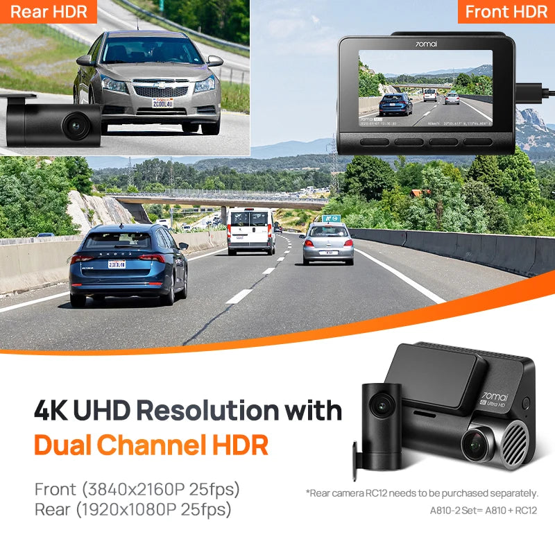 Dash Cam A810 UHD 4K 150FOV GPS ADAS 24H Parking 4G Connectivity Car DVR  4G A810 HDR Dual-Channel Route Tracking